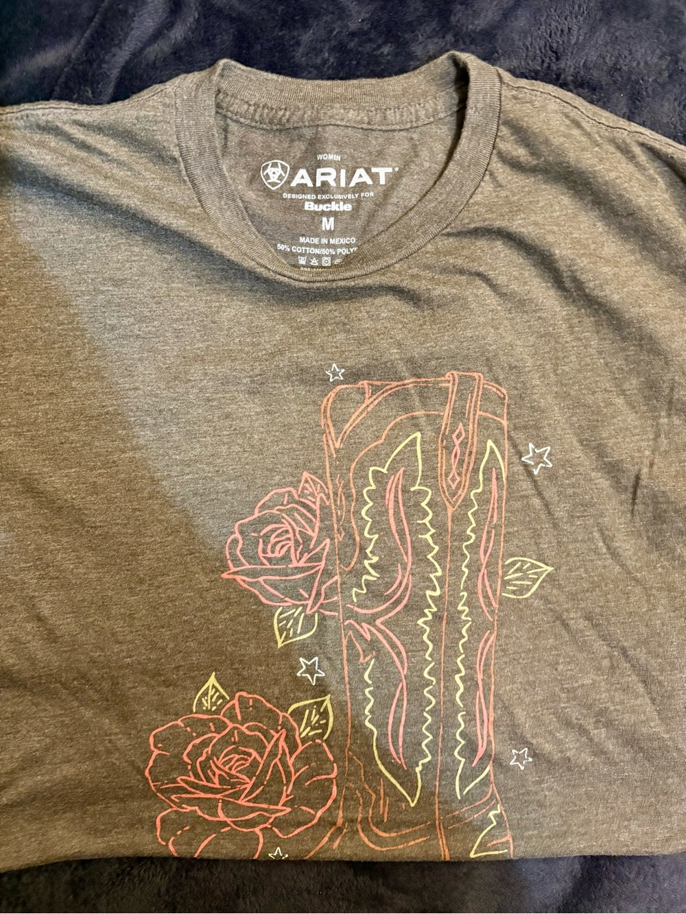 Ariat Charcoal Tee with Neon Floral Cowboy Boot Graphic